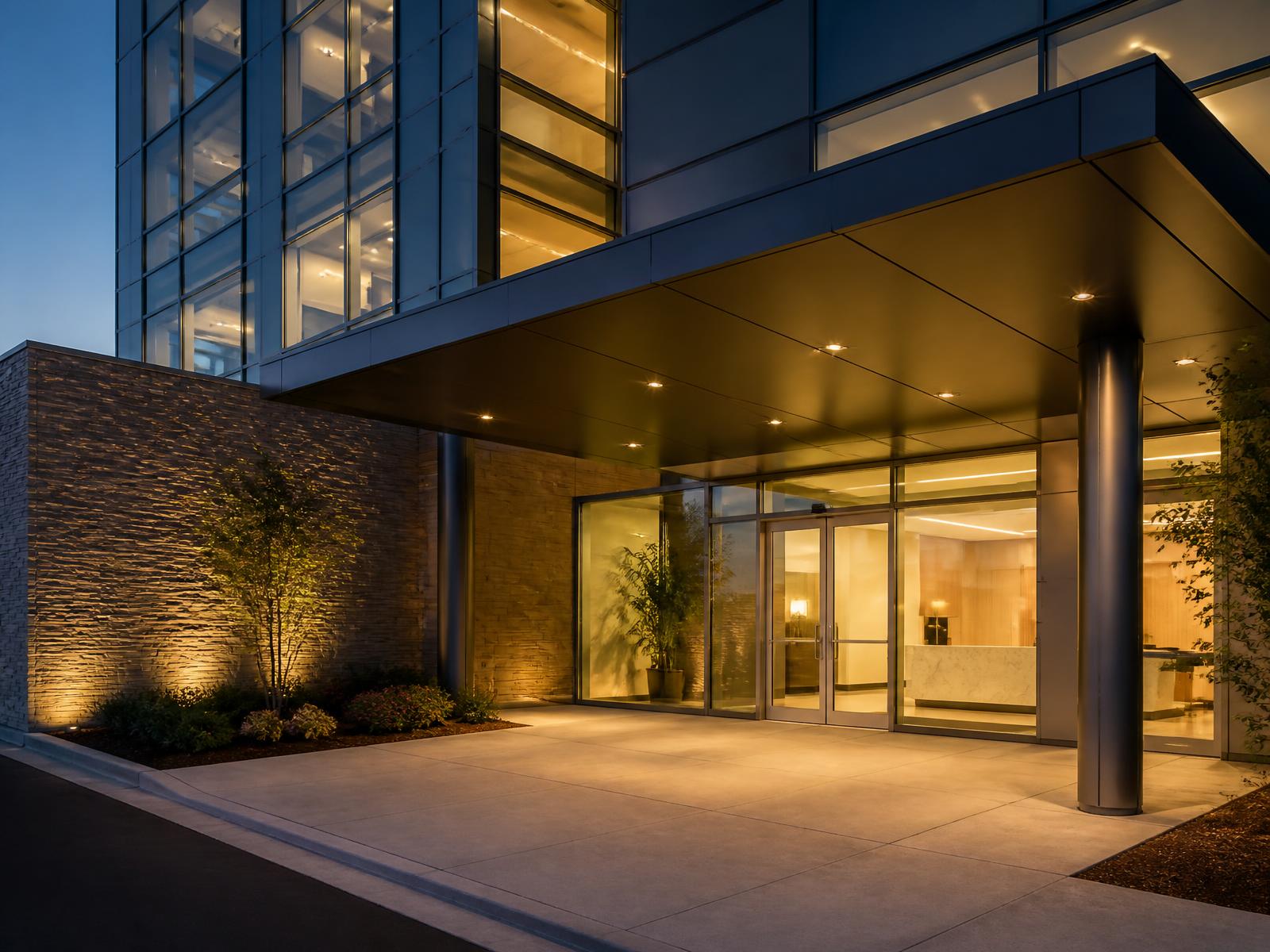 Commercial building entrance at dusk with warm interior lighting