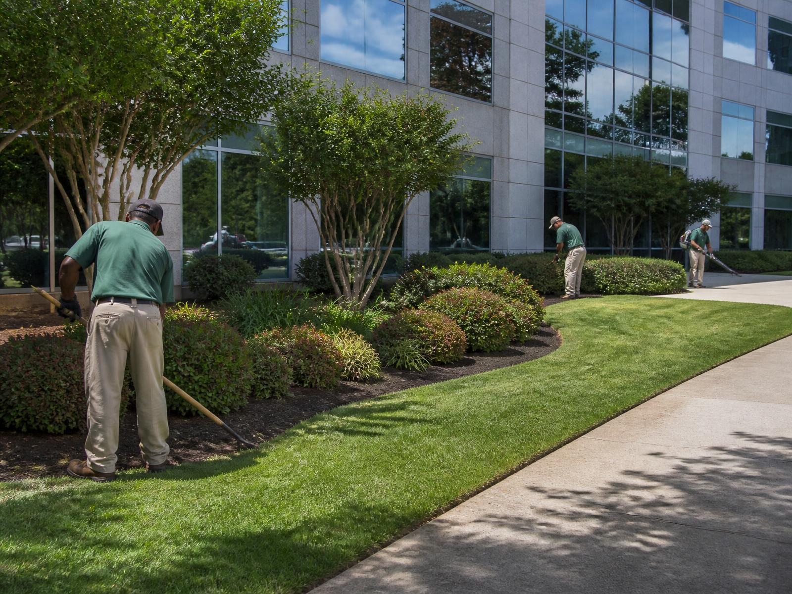 Grounds maintenance team caring for landscaped beds outside a commercial office building