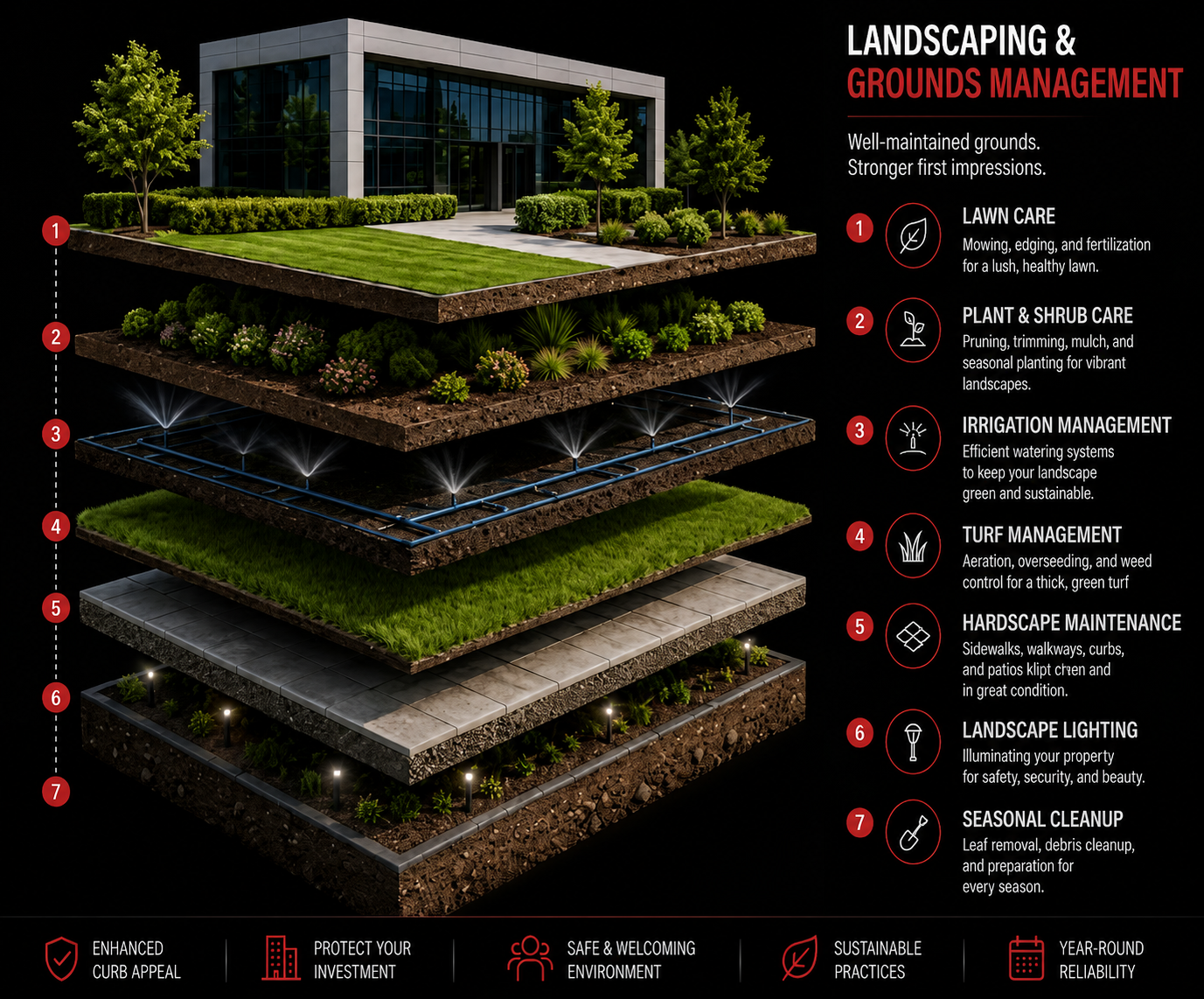 Grounds maintenance crew caring for landscaped beds at a commercial property