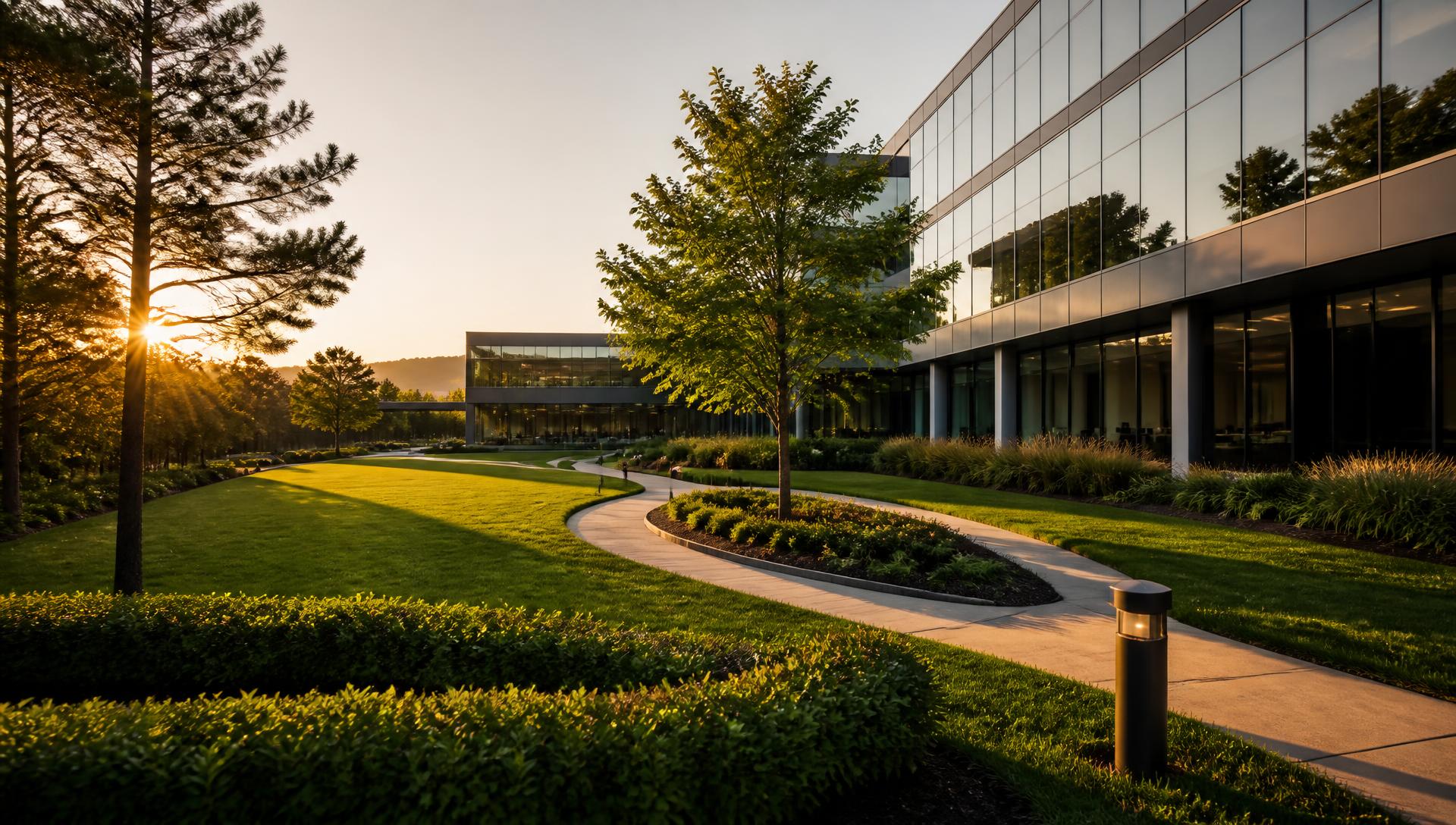 Professionally maintained landscaping and walkways at a commercial office campus