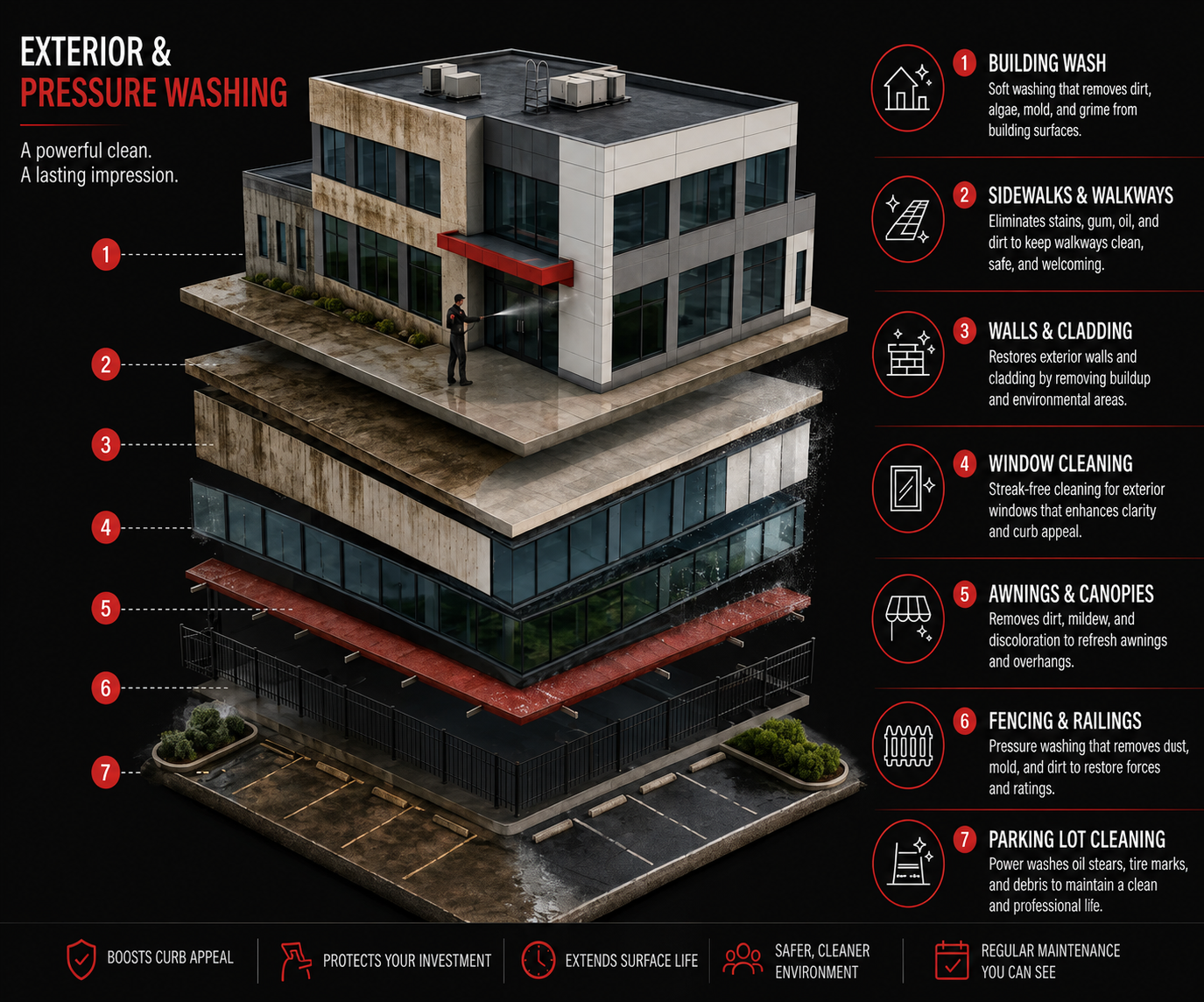 Commercial pressure washing of a building facade and sidewalk