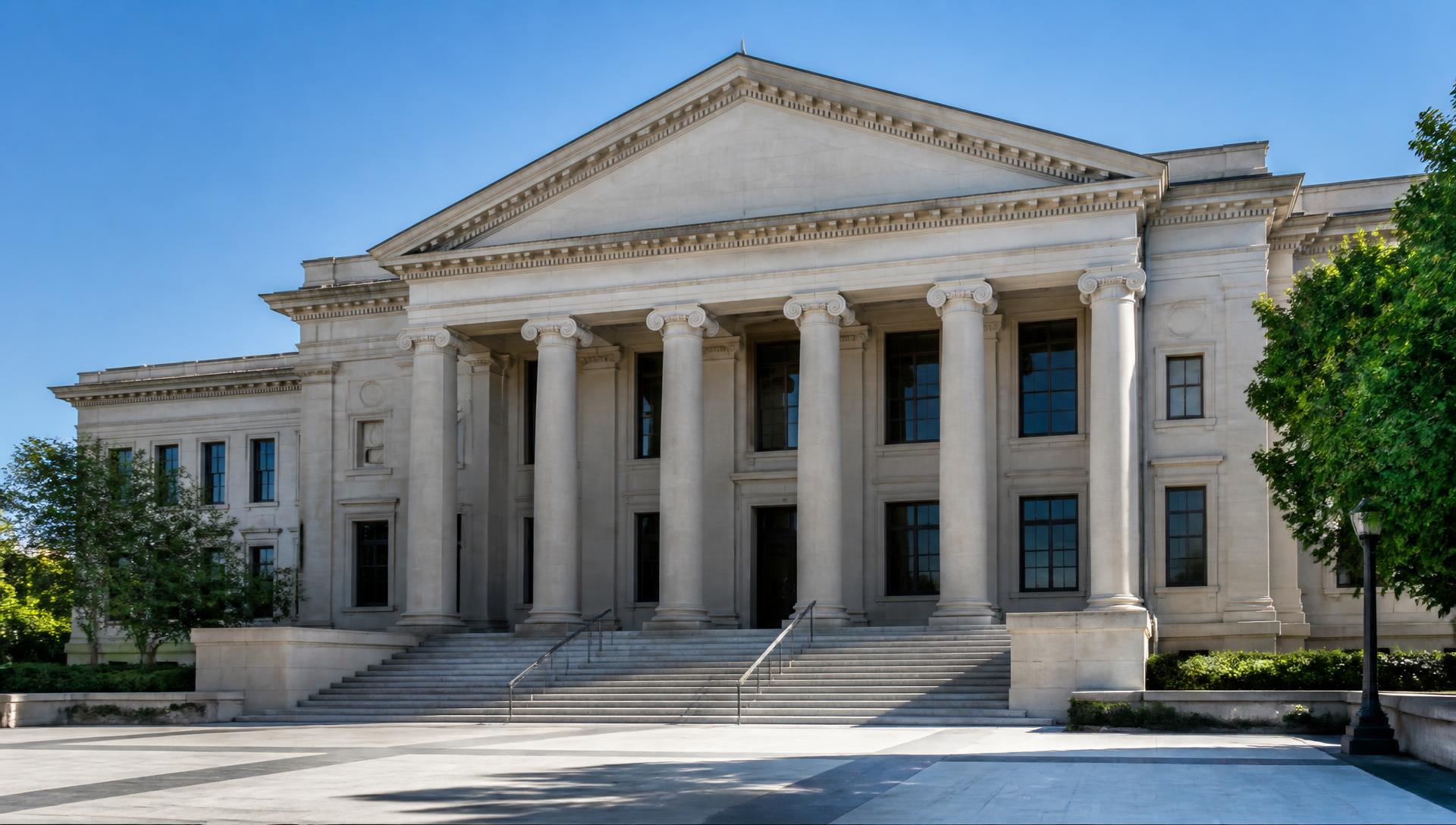 Institutional civic building with stone columns and clean approach steps