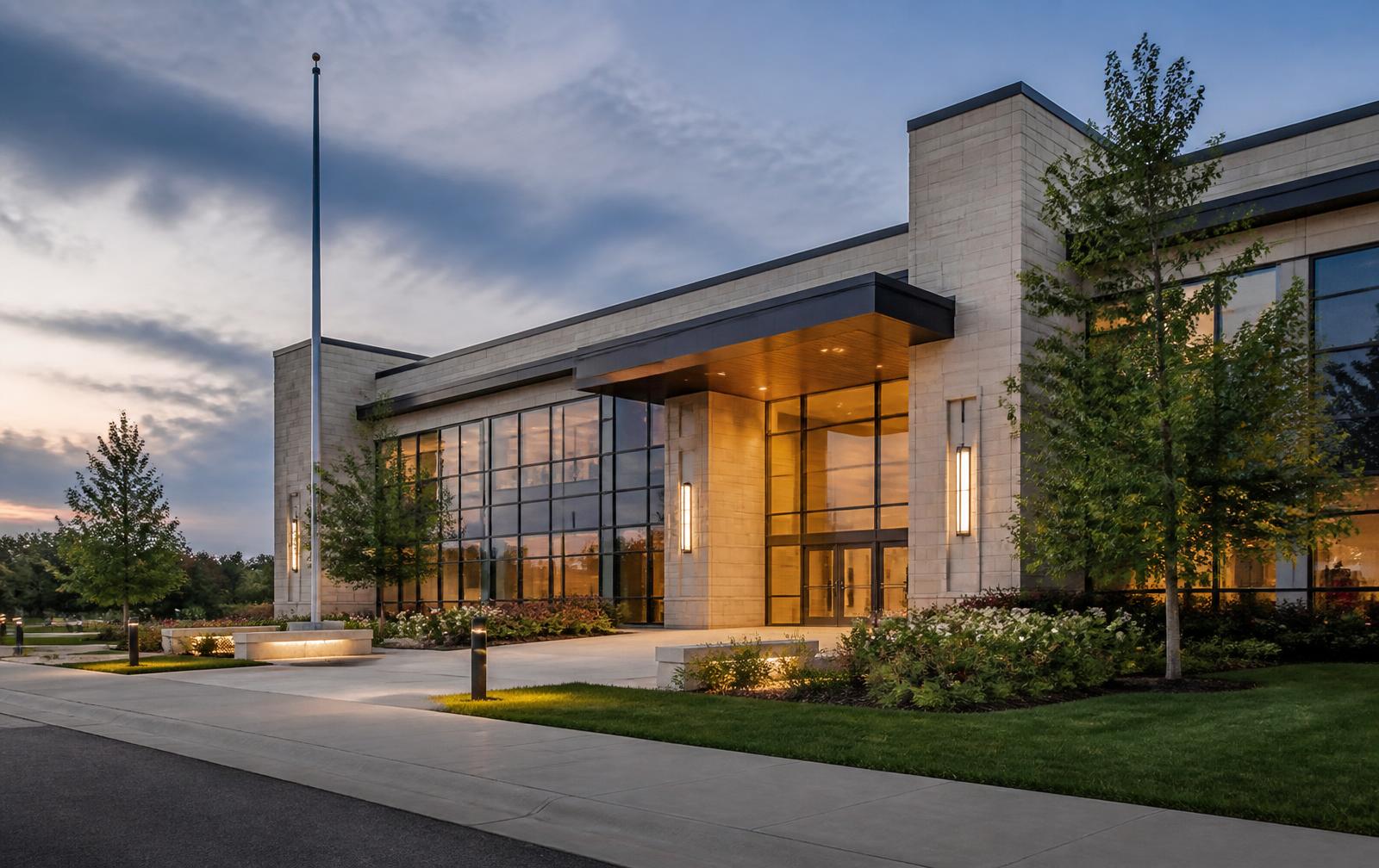 Modern government and institutional facility at dusk