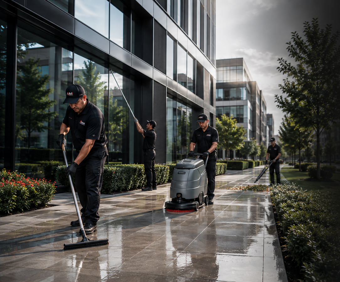 AMI Facility Services crew maintaining a modern commercial office exterior