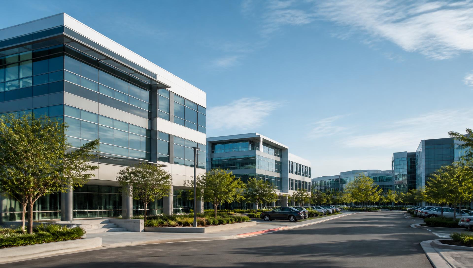 Modern commercial business park with multiple office buildings and landscaped grounds