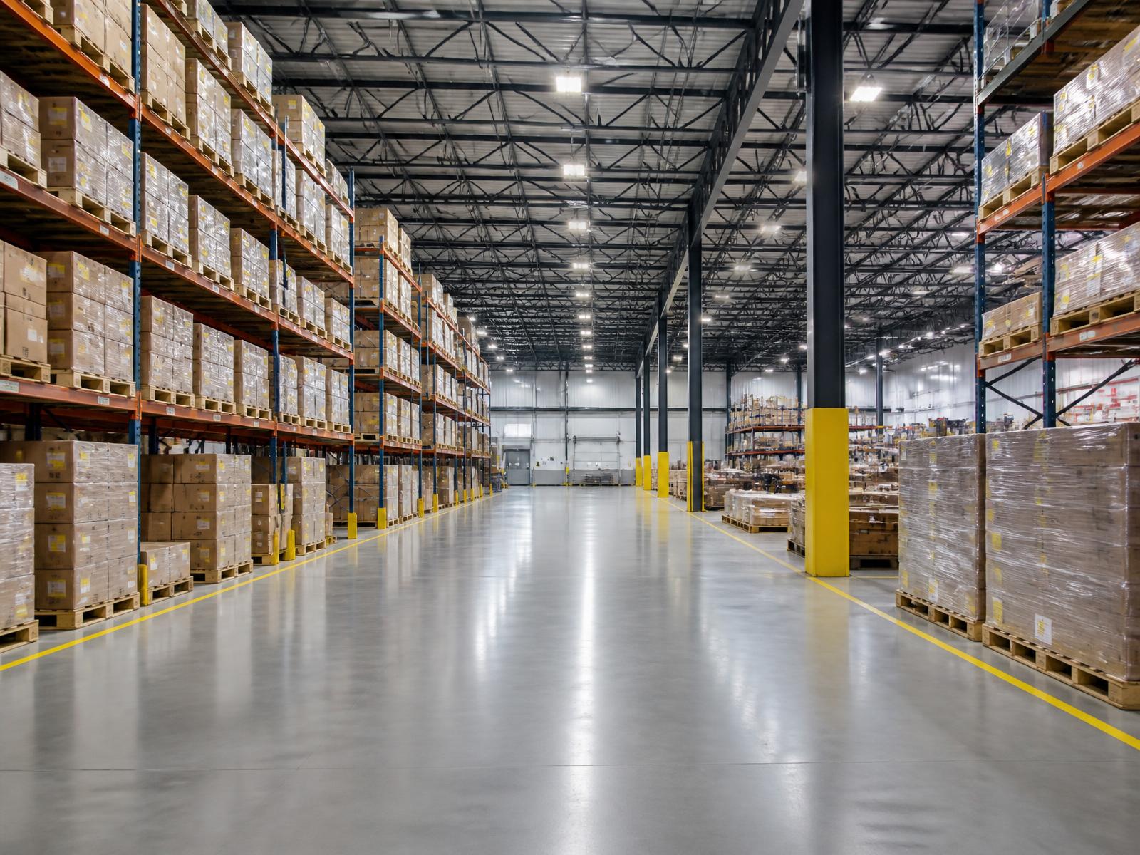 Clean distribution warehouse interior with wide aisles and polished floors