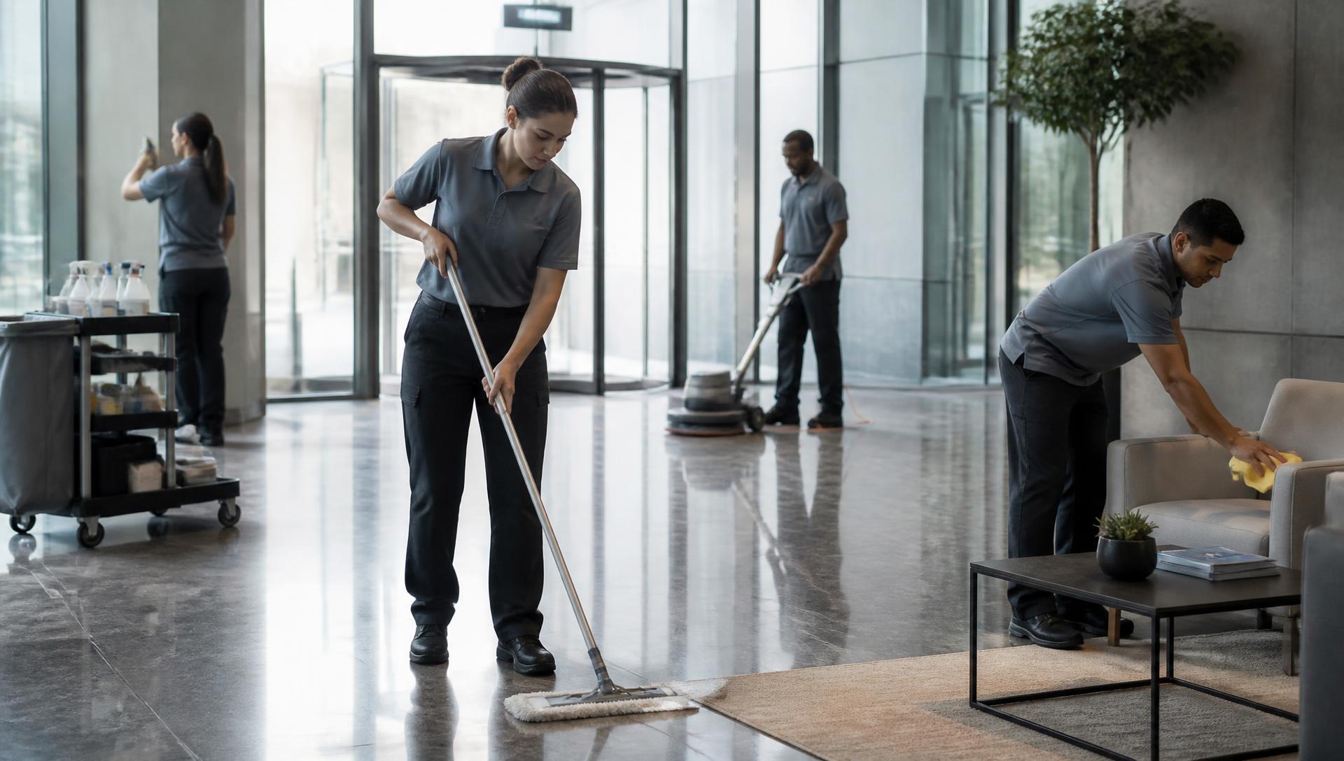 Professional janitorial team maintaining a modern commercial office lobby