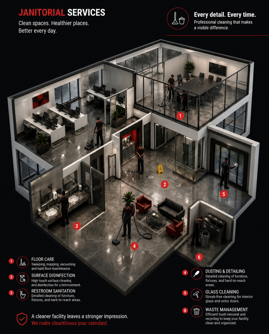Janitorial services overview of a commercial facility with floor care, restroom sanitation, dusting, glass cleaning, and waste management