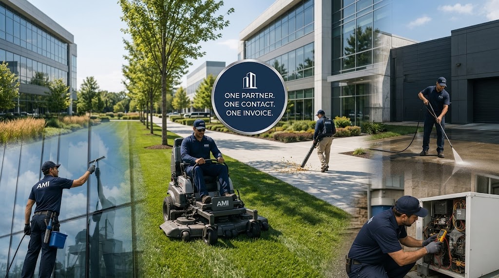 Grounds maintenance and exterior pressure washing at a commercial office property